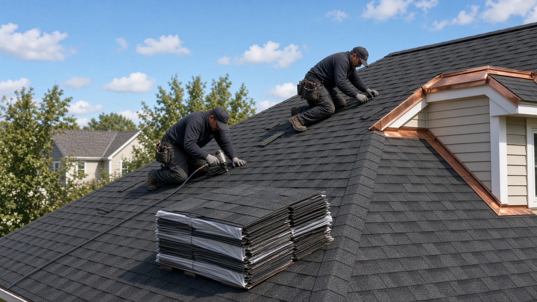Roofing crew installing architectural shingles on a steep New England roof