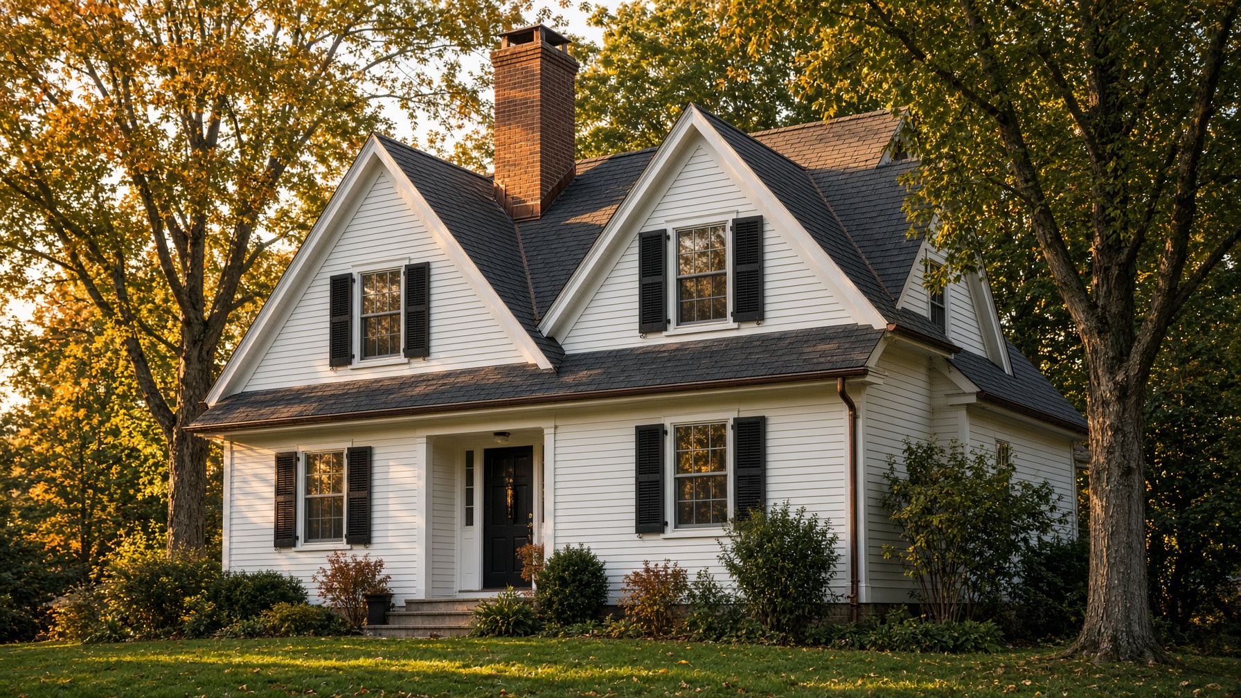New England colonial with a newly installed charcoal architectural shingle roof at golden hour