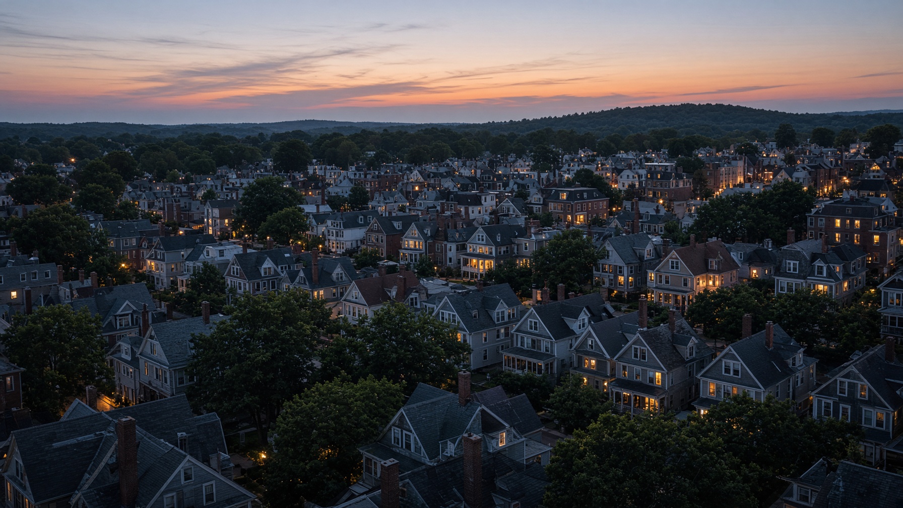 Peaked rooftops across a South Shore neighborhood at dusk